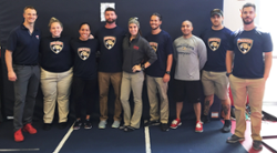 (Left to right) Tommy Powers (Panthers' Head Strength and Conditioning Coach), Kourtney Kostzer (student), Winter Rodriguez (student), Tobin Silver (NSU Assoc. Professor), Brittany Calaluca (student), Samuel Castillo (student), Eddie Reyes (Panthers' Strength and Conditioning Coach), Dan Ogle (Limitless Powerlifting), and Corey Peacock (NSU Asst. Professor)